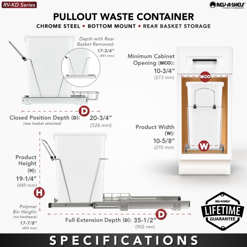 Rev-A-Shelf Pullout Trash Can 35 qt. for Kitchen Cabinets, Blue, RV-12KD-22C-S