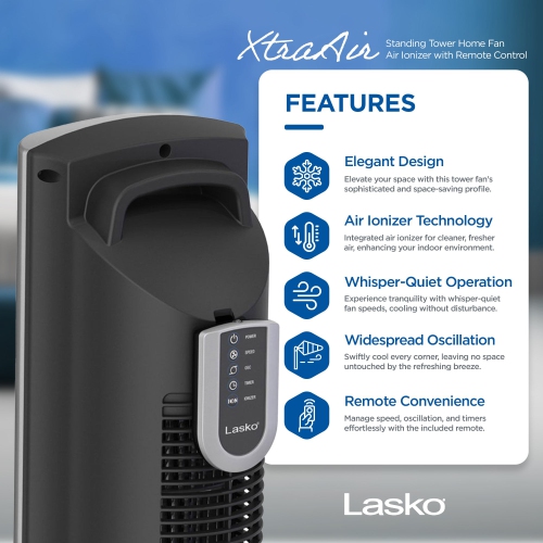Lasko XtraAir 48 Inch Standing Tower Home Fan Air Ionizer with Remote Control
