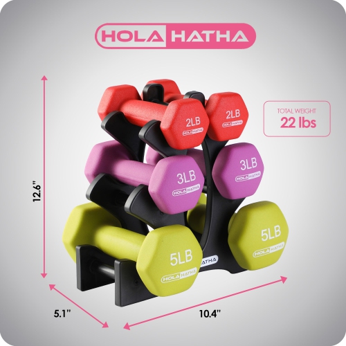 HolaHatha 2, 3, and 5 Pound Neoprene Dumbbell Free Hand Weight Set with Rack
