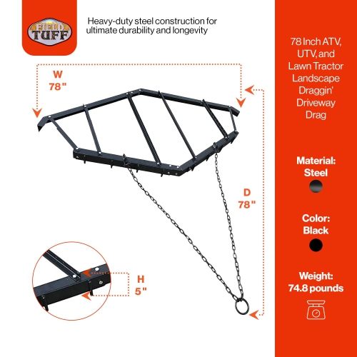 Field Tuff 78 Inch ATV, UTV, and Lawn Tractor Landscape Draggin' Driveway Drag