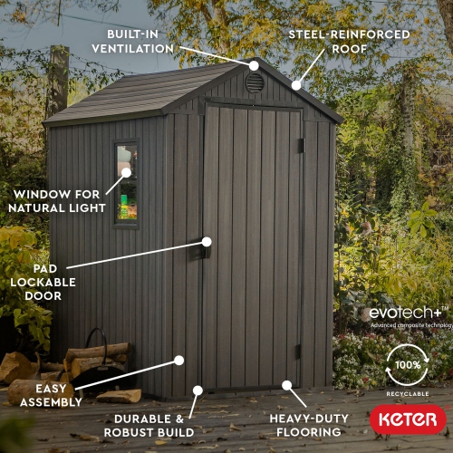 Keter – Shed de rangement pour outils de jardin d’extérieur Darwin, 4 pi x 6 pi avec fenêtre, graphite