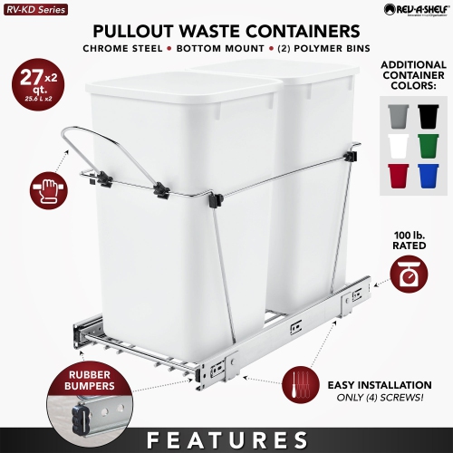 Rev-A-Shelf Double Pullout Trash Can 27 qt. for Kitchen, RV-15KD-2218C-S