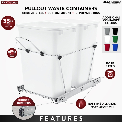 REV-A-SHELF  Double Pullout Trash Can 35 Qt. for Kitchen, Rv-18Kd-2218C-S