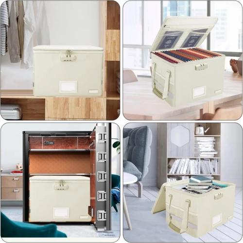 Boîte de classement pour documents résistante au feu avec verrou - rangement pliable, portatif, couvercle à fermeture à glissière et poignée pour