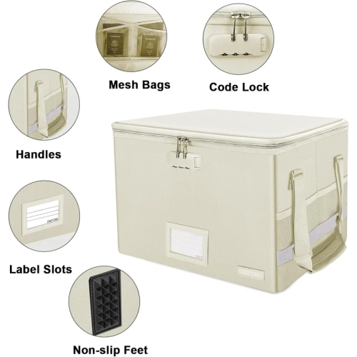 Boîte de classement pour documents résistante au feu avec verrou - rangement pliable, portatif, couvercle à fermeture à glissière et poignée pour