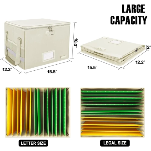 Boîte de classement pour documents résistante au feu avec verrou - rangement pliable, portatif, couvercle à fermeture à glissière et poignée pour