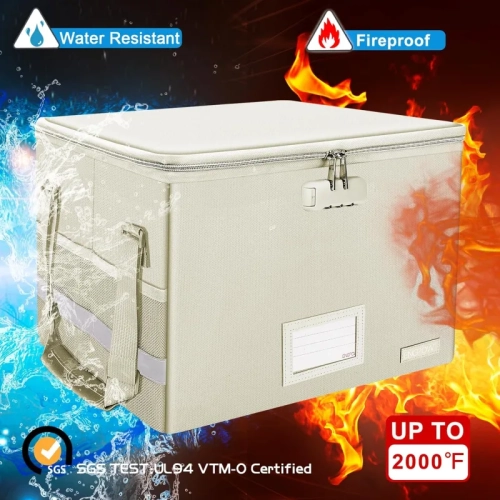 Boîte de classement pour documents résistante au feu avec verrou - rangement pliable, portatif, couvercle à fermeture à glissière et poignée pour