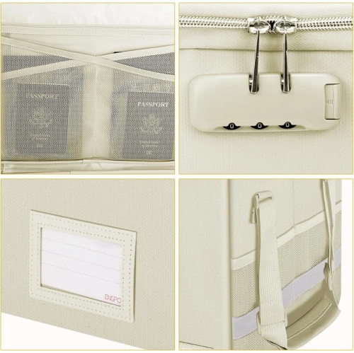 Boîte de classement pour documents résistante au feu avec verrou - rangement pliable, portatif, couvercle à fermeture à glissière et poignée pour