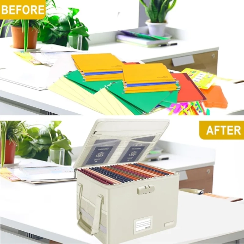 Boîte de classement pour documents résistante au feu avec verrou - rangement pliable, portatif, couvercle à fermeture à glissière et poignée pour