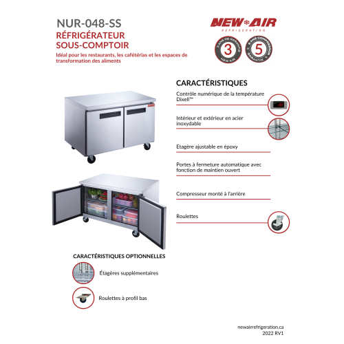 NEW AIR NUR-048-SS Commercial 48″ Stainless Steel 12.2 cu ft Double Door Undercounter REFRIGERATOR - Ideal For Commercial Kitchens, Restaurants and