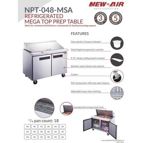 NEW AIR NPT-048-MSA Commercial 48" Mega Top Double Door Salad/Sandwich Prep Table - Ideal for Restaurants, Cafeterias & Food Processing Spaces