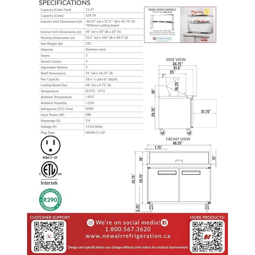 NEW AIR NPT-048-MSA Commercial 48" Mega Top Double Door Salad/Sandwich Prep Table - Ideal for Restaurants, Cafeterias & Food Processing Spaces