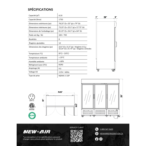 NEW AIR NGR-182-H Commercial 78" Triple Sliding Glass Door Merchandiser Refrigerator - Ideal for Convenience Stores, Front of House, Grocery Store,