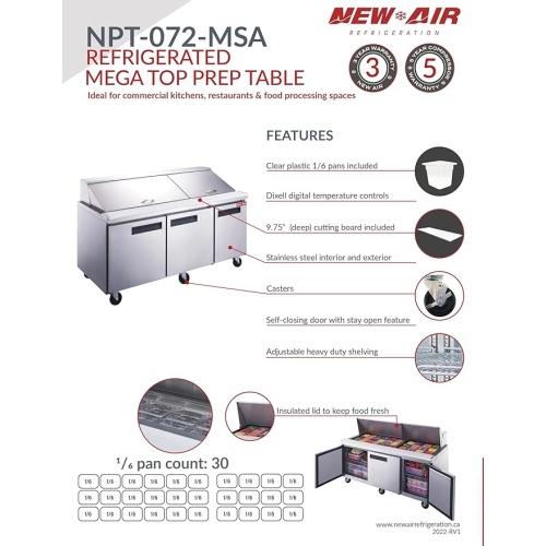 NEW AIR NPT-072-MSA Commercial 72" Mega Top Triple Door Salad/Sandwich Prep Table - Ideal for Restaurants, Cafeterias & Food Processing Spaces