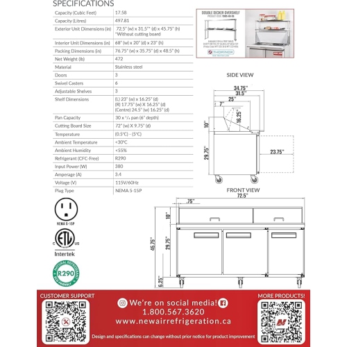 NEW AIR NPT-072-MSA Commercial 72" Mega Top Triple Door Salad/Sandwich Prep Table - Ideal for Restaurants, Cafeterias & Food Processing Spaces