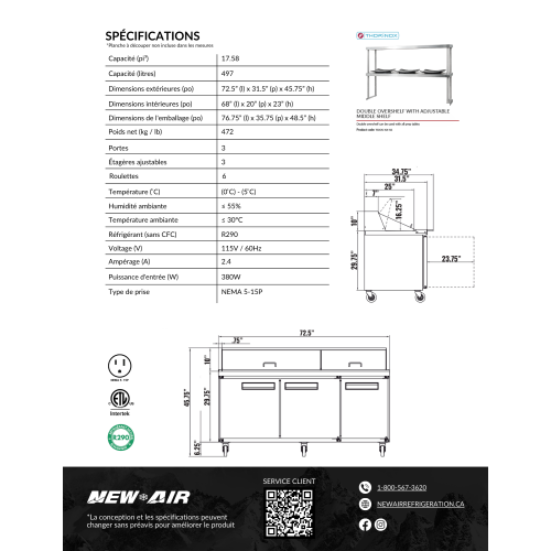 NEW AIR NPT-072-MSA Commercial 72" Mega Top Triple Door Salad/Sandwich Prep Table - Ideal for Restaurants, Cafeterias & Food Processing Spaces