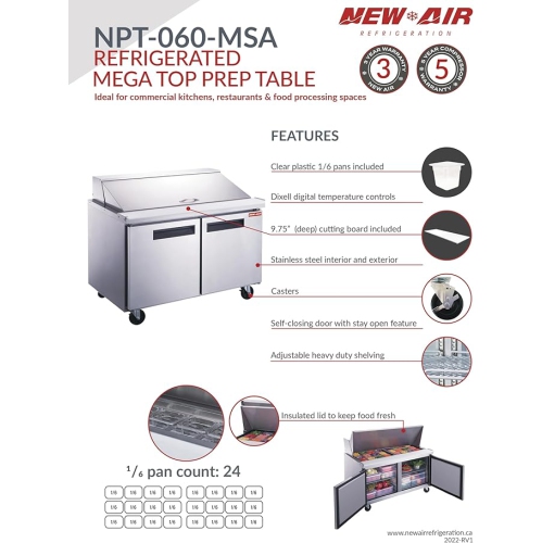 NEW AIR NPT-060-MSA Commercial 60" Mega Top Double Door Salad/Sandwich Prep Table - Ideal for Restaurants, Cafeterias & Food Processing Spaces