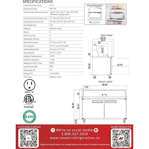 NEW AIR NPT-060-MSA Commercial 60" Mega Top Double Door Salad/Sandwich Prep Table - Ideal for Restaurants, Cafeterias & Food Processing Spaces