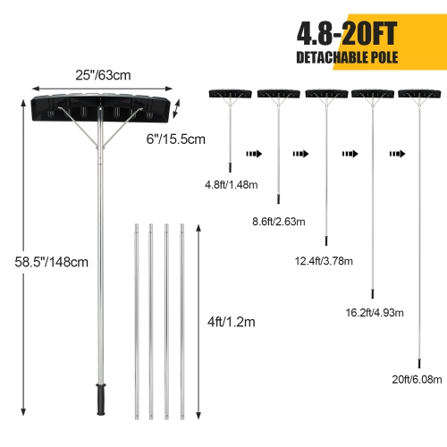 Costway 20FT Adjustable Snow Roof Rake W/ 25" Spacious Blade 4 Ex tending Poles