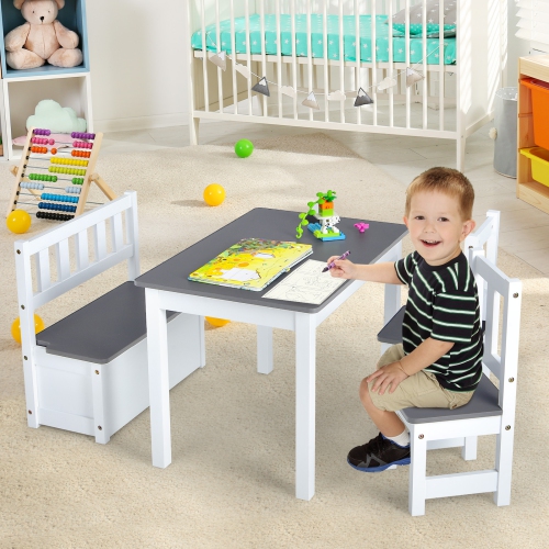 Costway 4 PCS Kids Wooden Activity Table & Chairs Set w/Storage Bench Study Desk