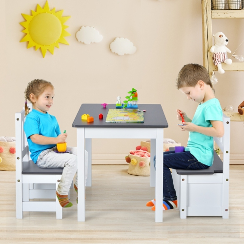 Costway 4 PCS Kids Wooden Activity Table & Chairs Set w/Storage Bench Study Desk
