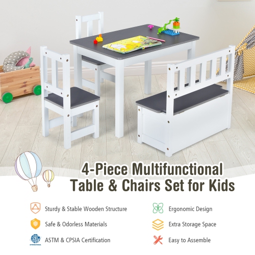 Costway 4 PCS Kids Wooden Activity Table & Chairs Set w/Storage Bench Study Desk