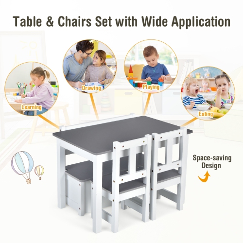Costway 4 PCS Kids Wooden Activity Table & Chairs Set w/Storage Bench Study Desk