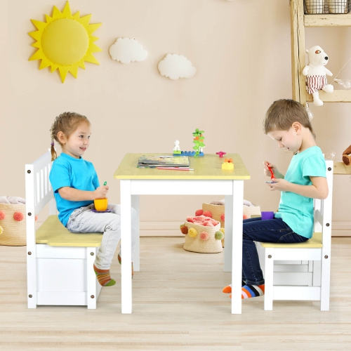 Costway 4 PCS Kids Wooden Activity Table & Chairs Set w/Storage Bench Study Desk