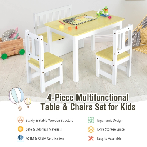 Costway 4 PCS Kids Wooden Activity Table & Chairs Set w/Storage Bench Study Desk