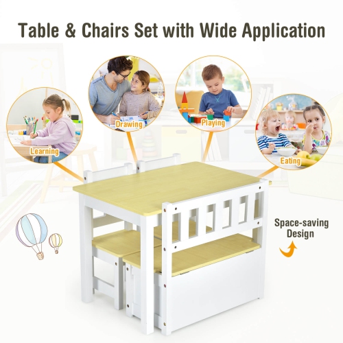 Costway 4 PCS Kids Wooden Activity Table & Chairs Set w/Storage Bench Study Desk