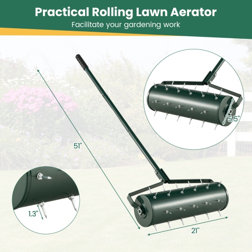 Costway 21" Manual Lawn Aerator Heavy Duty Rolling Push Grass Aeration Tool with Handle Green