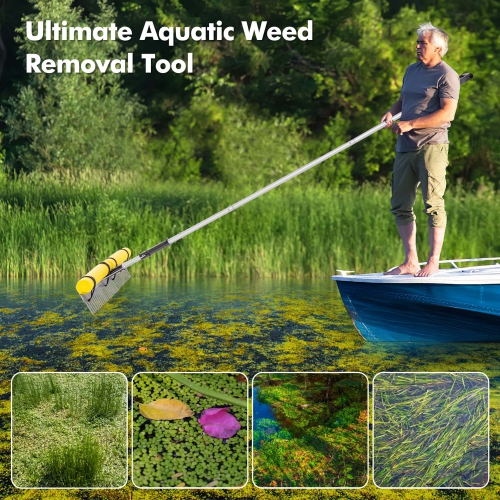 Costway Floating Weed Lake Rake Pond Weed Cutter with Foam Floats, Extended Handle & Rope
