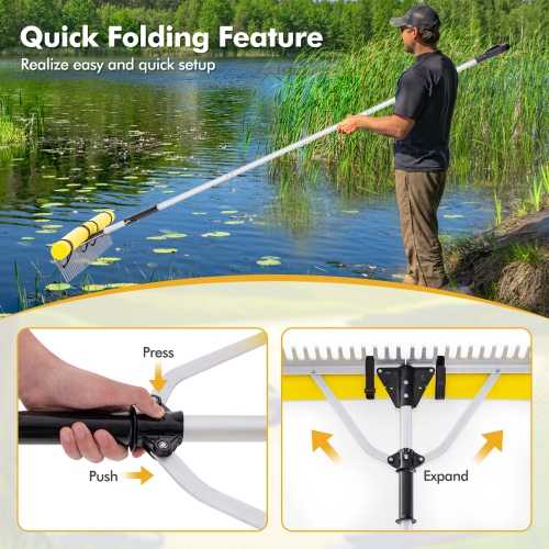 Costway Floating Weed Lake Rake Pond Weed Cutter with Foam Floats, Extended Handle & Rope