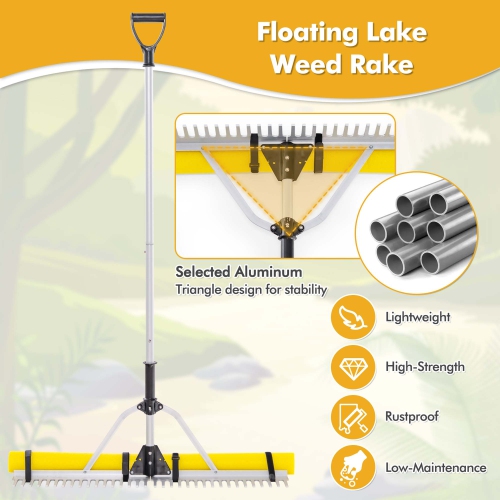 Costway Floating Weed Lake Rake Pond Weed Cutter with Foam Floats, Extended Handle & Rope