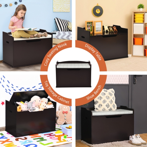 Costway Kids Toy Box Wooden Flip-top Storage Chest Bench W/ Cushion Safety Hinge