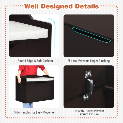 Costway Kids Toy Box Wooden Flip-top Storage Chest Bench W/ Cushion Safety Hinge