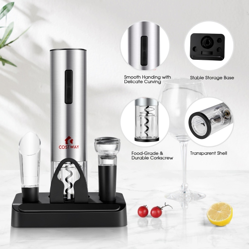 Ensemble avec ouvre-bouteille électrique 6-en-1 de Costway pour tire-bouchon sans fil rechargeable