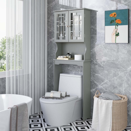 Costway Over the Toilet Bathroom Spacesaver Organizer w/ Adjustable Shelf & Doors Grey