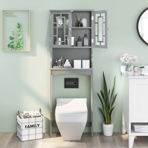 Costway Over the Toilet Bathroom Spacesaver Organizer w/ Adjustable Shelf & Doors Grey
