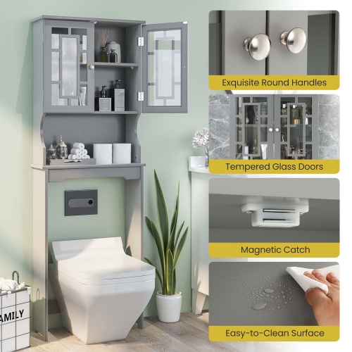 Costway Over the Toilet Bathroom Spacesaver Organizer w/ Adjustable Shelf & Doors Grey