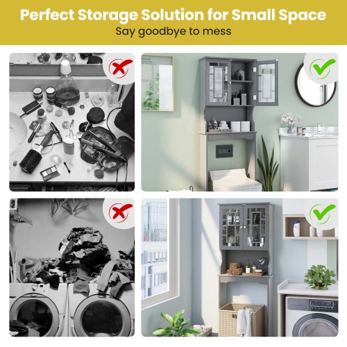 Costway Over the Toilet Bathroom Spacesaver Organizer w/ Adjustable Shelf & Doors Grey