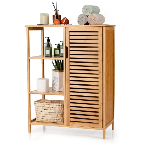 COSTWAY  Bathroom Cabinet Bamboo Storage Floor Cabinet W/ Single Door & 3 Open Shelves