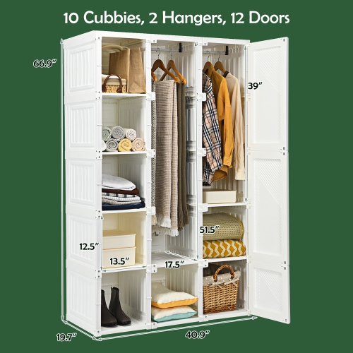 Costway Portable Closet Clothes Foldable Armoire Wardrobe Closet w/10 Cubes, Hanging Rods