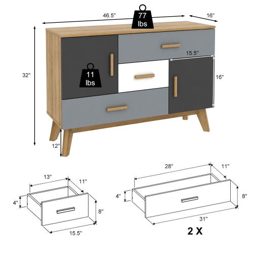 Armoire de rangement autonome de Costway, armoire de plancher moderne avec 2 portes et 3 tiroirs