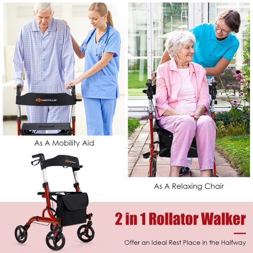 Costway Rollator Walker w/ Seat, Folding Aluminum Rolling Walker w/ 8-inch Wheels