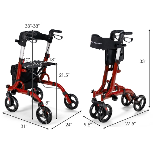 Costway Rollator Walker w/ Seat, Folding Aluminum Rolling Walker w/ 8-inch Wheels