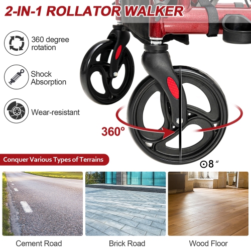 Costway Rollator Walker w/Seat Folding Walker w/8-inch Wheels Supports up to 350lbs