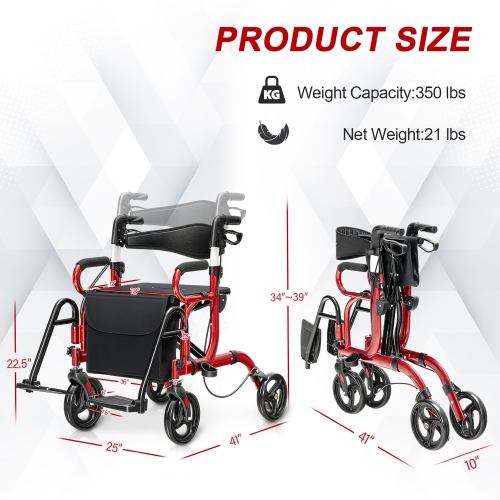 Costway Rollator Walker w/Seat Folding Walker w/8-inch Wheels Supports up to 350lbs