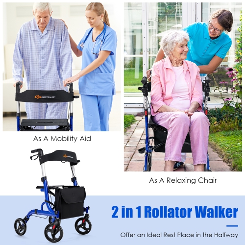 Costway Rollator Walker w/ Seat, Folding Aluminum Rolling Walker w/ 8-inch Wheels