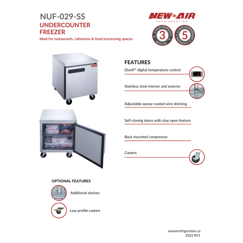 NEW AIR NUF-029-SS Commercial 29″ Stainless Steel 7 cu ft Single Door Undercounter Freezer - Ideal For Commercial Kitchens, Restaurants and Cafeterias